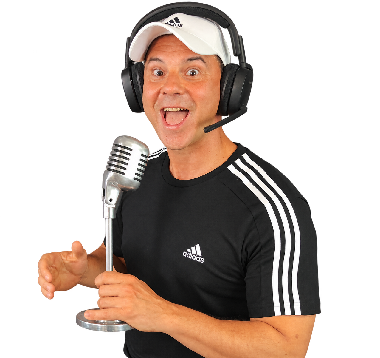 Jose Campoy — humorista con micrófono y auriculares
